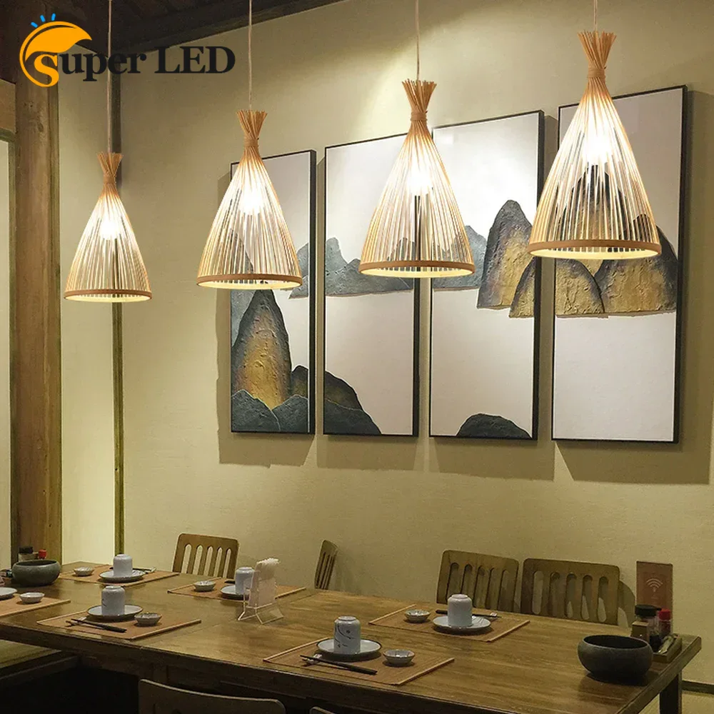 Wicker Pendant Shade - 일본 천연 대나무 등나무 LED 샹들리에,